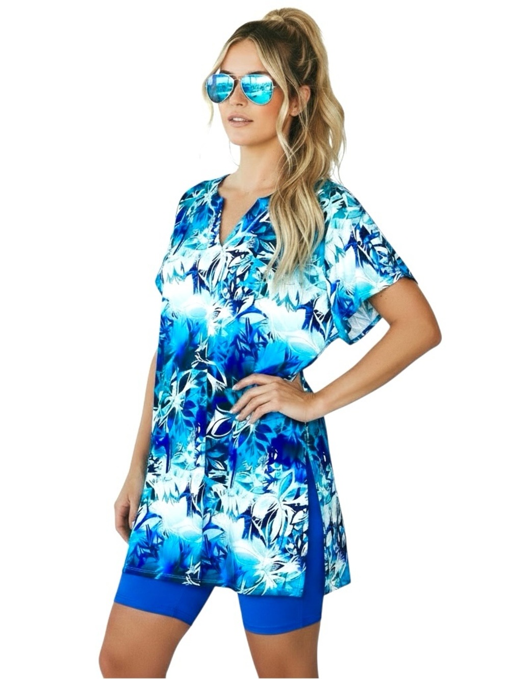 Swimsuits for All Swim Top Tunic Blue Tropical Floral Chlorine Resistant Slit 18